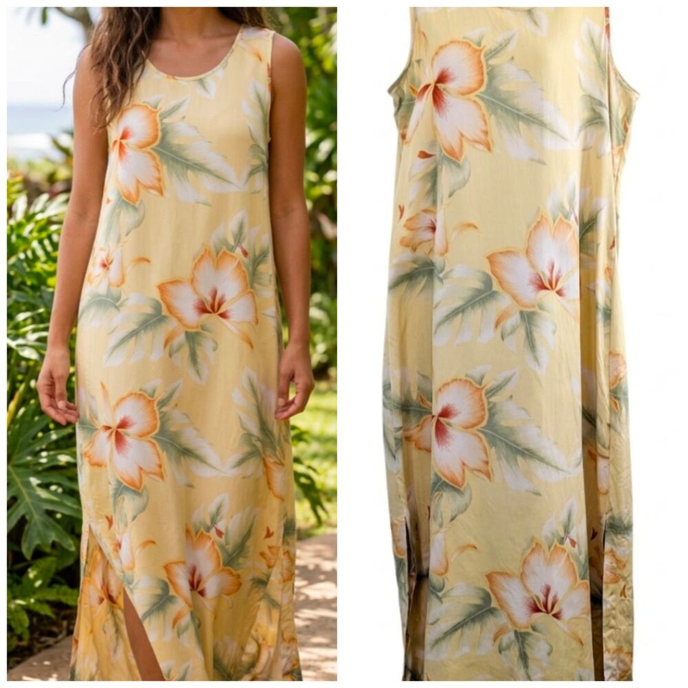 Tommy Bahama L 100% Silk Yellow Floral Tropical Hawaiian Floor Length Dress EUC